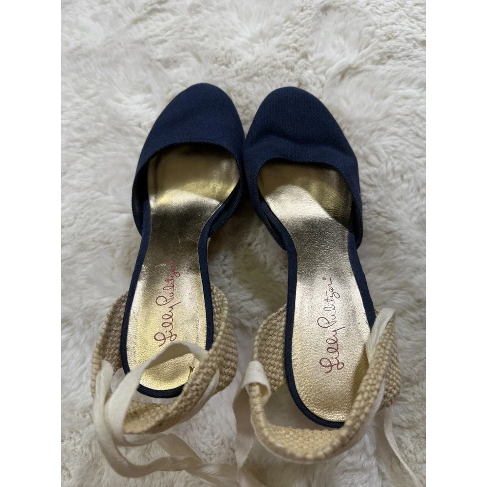 Lilly Pulitzer Wedge Espadrilles Navy Blue Sandals 9 Coastal Nautical Resortwear